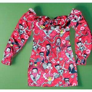 Dolls Kill Betty Boop Lover Catch A Kitten Off Shoulder Satin Dress  Medium